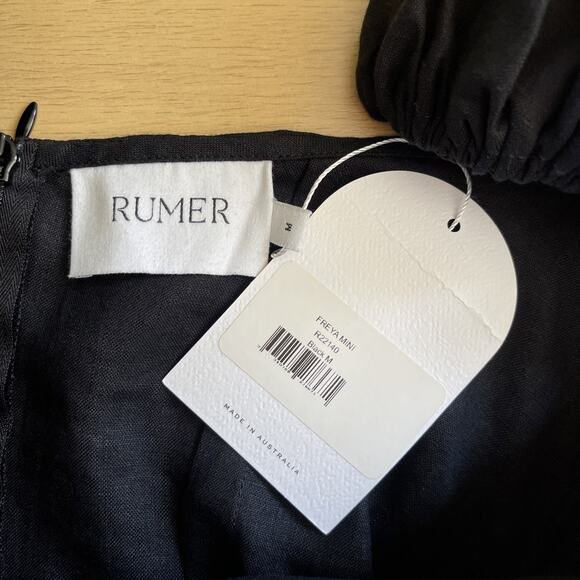 NWT Rumer x Revolve Freya Mini Linen Puff Sleeve Cutout Dress Black Size Medium - Picture 3 of 6